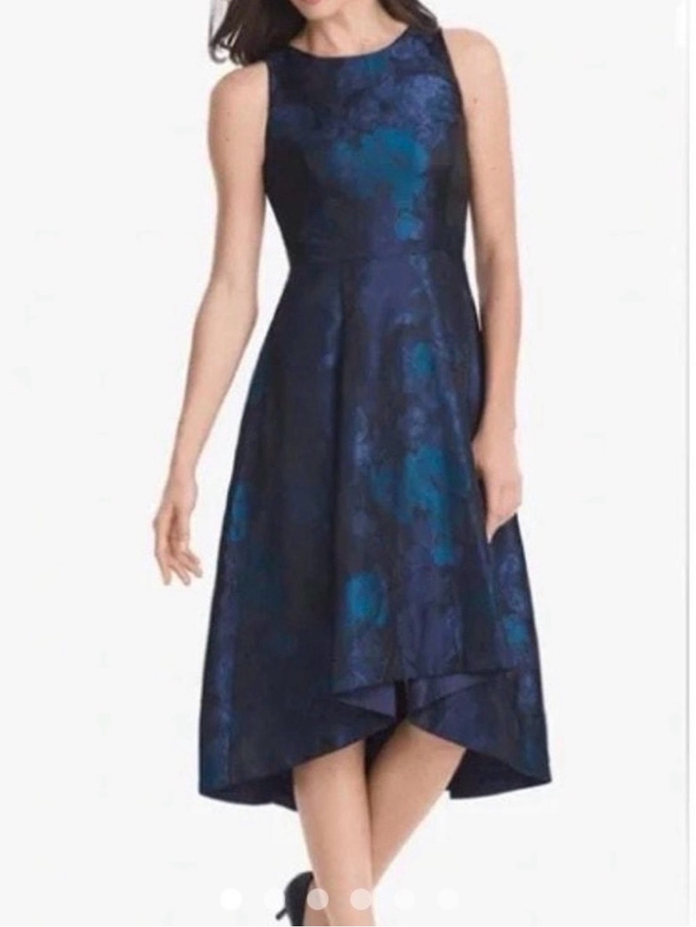 WHBM Sleeveless A-Line Hi-low Floral Jacquard Dress in Black, Navy & Teal SZ 6